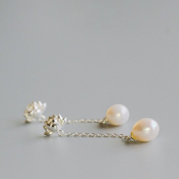 SOLD Genuine Freshwater Pearl Earrings Studs Sterling Silver Long Earrings - Picture 1 of 5